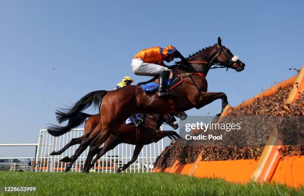 Tayzar ridden by Theo Gillard on their way to winning the Biffa Waste Services Novices' Handicap Hurdle at Warwick Racecourse on September 21, 2020...