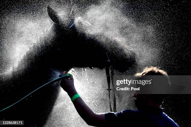 Race horse is sprayed with water to cool it down following the Get Daily Tips At racingtv.com Handicap Hurdle at Warwick Racecourse on September 21,...