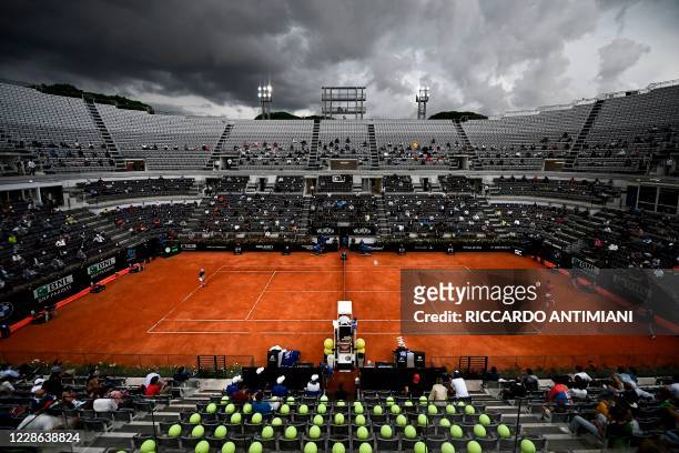 General view shows the central court during the final match of the Men's Italian Open between Serbia's Novak Djokovic and Argentina's Diego...