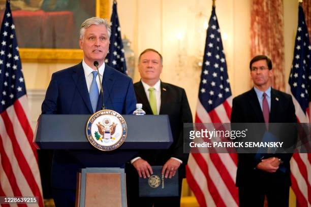 National Security Adviser Robert O'Brien speaks during a news conference to announce the Trump administration's restoration of sanctions on Iran, on...