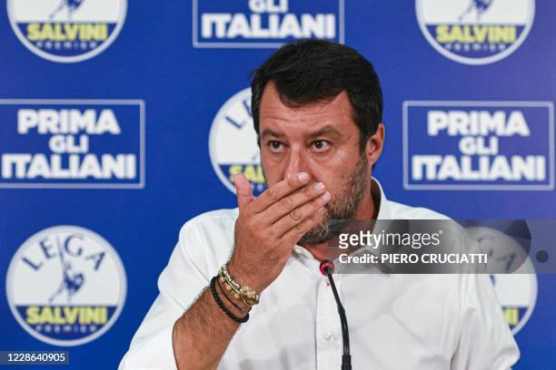 Head of the Lega party, Italian senator Matteo Salvini addresses a press conference at the Lega headquarters in Milan, Italy, on September 21, 2020...