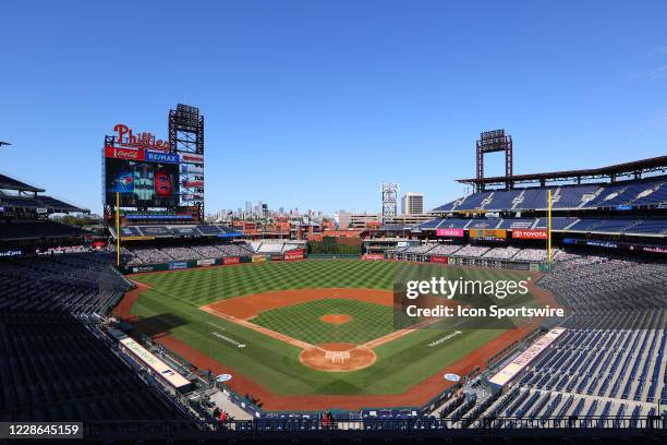 General view of Citizens Bank Park and the Philadelphia skyline prior to the National Anthem the Major League Baseball game between the Philadelphia...