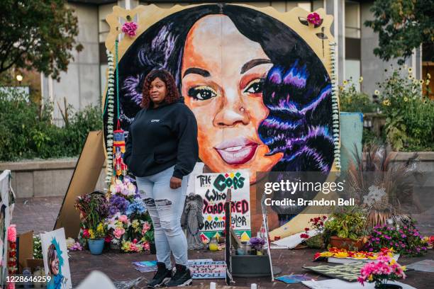 Tamika Palmer, mother of Breonna Taylor, poses for a portrait in front of a mural of her daughter at Jefferson Square park on September 21, 2020 in...