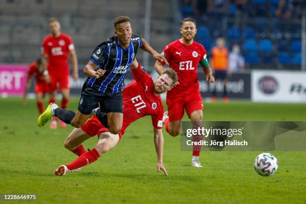 Marcel Costly of Waldhof Mannheim and Sead Hajrovic of Viktoria Koeln during the 3. Liga match between SV Waldhof Mannheim and FC Viktoria Koeln at...