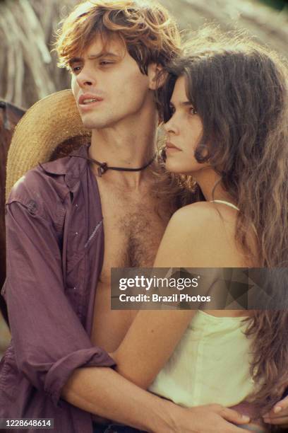 Actors Marcos Winter and Cristiana Oliveira during recording of Pantanal, Brazilian telenovela TV serial drama , soap opera - originally aired in...