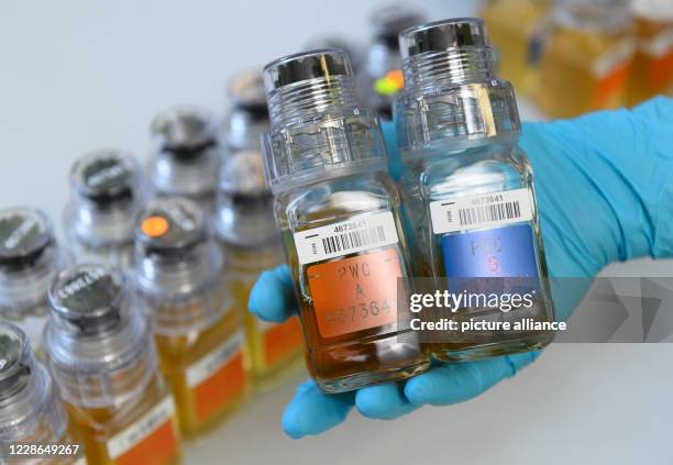 September 2020, Saxony, Kreischa: A laboratory assistant at the Institute for Doping Analysis and Sport Biochemistry holds an athlete's urine samples...