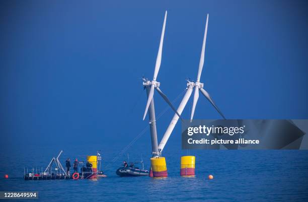 September 2020, Mecklenburg-Western Pomerania, Vierow: Fitters anchor the model of a plant with floating wind turbines in the Greifswald Bodden for...