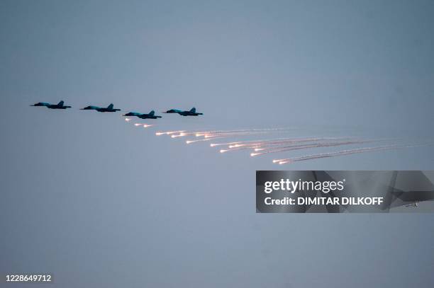 Russian fighter jets drop bombs over the Ashuluk military base in Southern Russia on September 22, 2020 during the "Caucasus-2020" military drills...