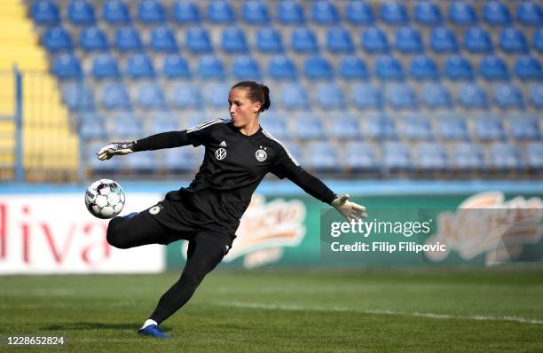 Laura Benkarth of Germany warms up prior the UEFA Women's EURO 2022 Qualifier match between Montenegro and Germany at Pod Goricom on September 22,...