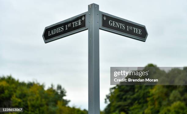 Antrim , United Kingdom - 22 September 2020; A sign for the first tee box is seen ahead of the Dubai Duty Free Irish Open Golf Championship at...