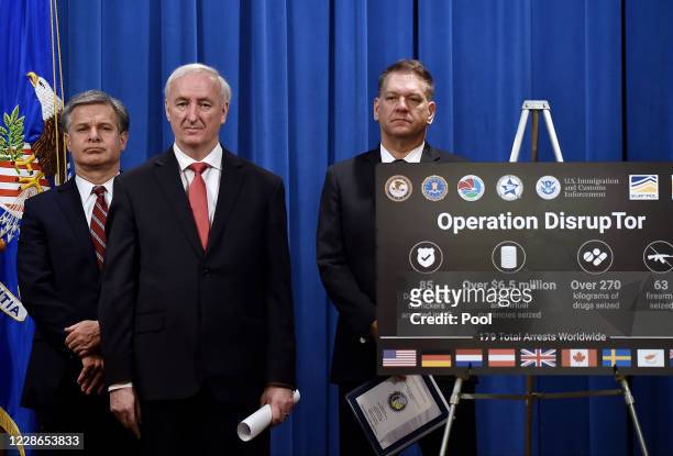 Deputy Attorney General Jeffrey A. Rosen , FBI Director Christopher Wray and Drug Enforcement Agency acting Administrator Timothy Shea attend a news...