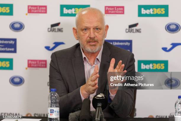 Julian Winter new CEO for Swansea City talks to reporters during a press conference at the Liberty Stadium on September 22, 2020 in Swansea, Wales.