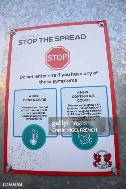 Warning notice about the novel coronavirus COVID-19 is seen outside the stadium at the postponement of the English League Cup third round football...