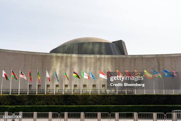International flags are displayed at the United Nations headquarters in New York, U.S., on Tuesday, Sept. 22. 2020. The United Nations General...