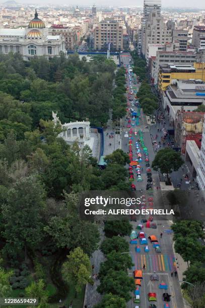Aerial view taken on September 22 showing the tents in which members of the National Front Anti-AMLO who want to reach Zocalo Square to protest...