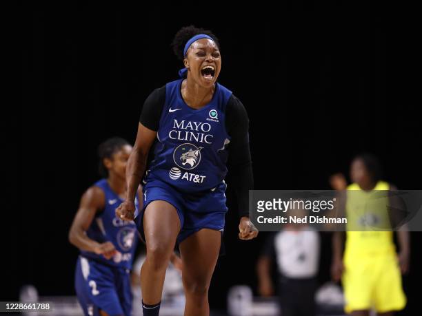 Odyssey Sims of the Minnesota Lynx shows emotion during the game against the Seattle Storm in Game One of the Semifinals of the 2020 WNBA Playoffs on...