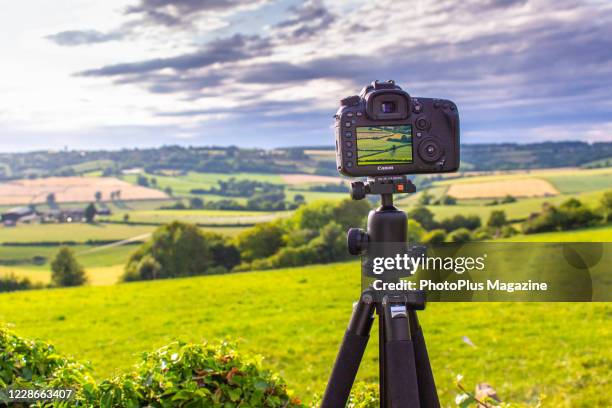 Tripod-mounted Canon DSLR camera taking pictures of the British countryside, taken on July 29, 2019.