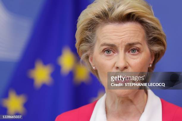 European Commission President Ursula Von Der Leyen gives a statement on the New Pact for Migration and Asylum at the European Commission in Brussels,...