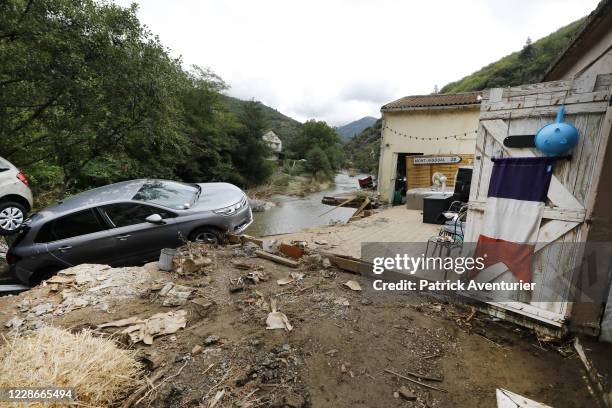 Wreckage of cars after flash floods caused by violent thunderstorms and rainfall in The Cevennes on September 22, 2020 in Valleraugue, France. The...