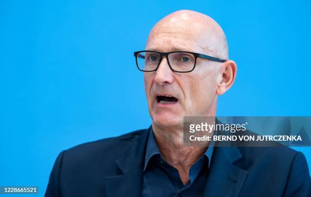 Timotheus Hoettges, CEO of German telecommunications giant Deutsche Telekom, gives a press conference on the country's coronavirus tracing app...