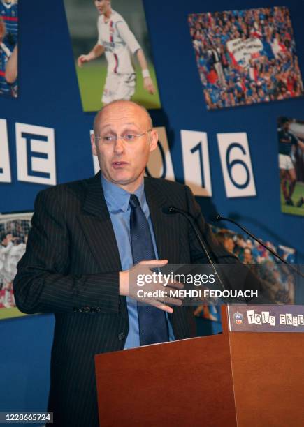 French Sports Secretary of State Bernard Laporte speaks during a press conference to launch France's candidacy to host the Euro 2016, on March 5,...