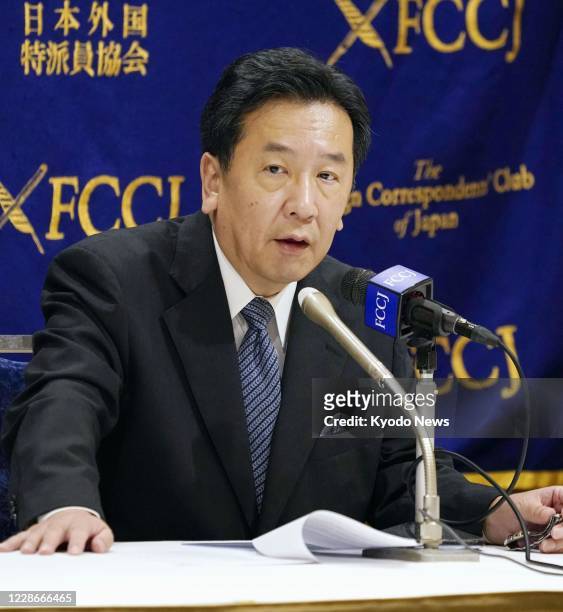 Yukio Edano, leader of the main opposition Constitutional Democratic Party of Japan, speaks at a press conference at The Foreign Correspondents' Club...