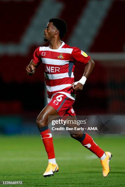 Madger Gomes of Doncaster Rovers during the EFL Trophy match between Doncaster Rovers v Bradford City at Keepmoat Stadium on September 8, 2020 in...