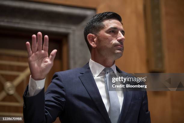 Chad Wolf, acting secretary of the Department of Homeland Security , swears in to a Senate Homeland Security and Governmental Affairs Committee...