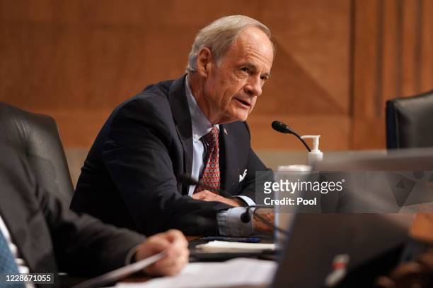 Sen. Tom Carper speaks during the Senate Homeland Security and Governmental Affairs Committee confirmation hearing of Chad Wolf to be Secretary of...