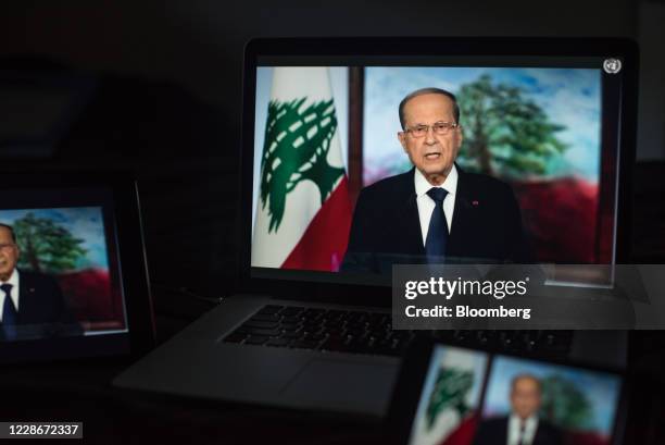 Michel Aoun, Lebanon's president, speaks during the United Nations General Assembly seen on a laptop computer in Hastings on the Hudson, New York,...