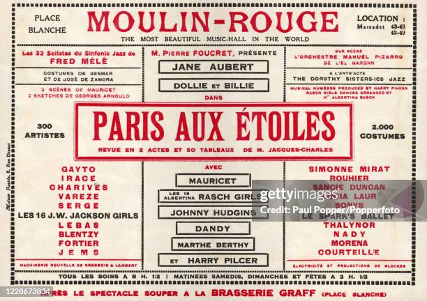 Printed playbill for the Moulin-Rouge, "the most beautiful music hall in the world", including a revue in two acts entitled "Paris to the Stars",...