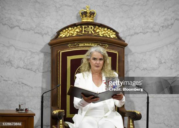 Julie Payette, Canada's governor general, delivers the Throne Speech on Parliament Hill in Ottawa, Ontario, Canada, on Wednesday, Sept. 23, 2020....