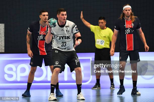 Domen SIKOSEK PELKO of Flensburg during the EHF Velux Champions League match between Paris Saint Germain and Flensburg on September 23, 2020 in...