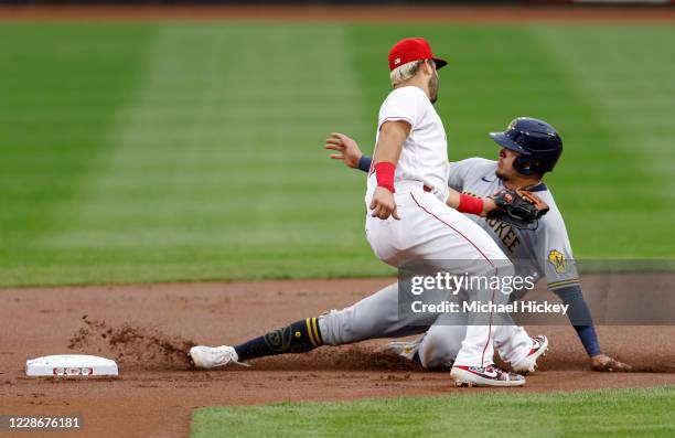 Eugenio Suarez of the Cincinnati Reds tags out Avisail Garcia of the Milwaukee Brewers during the steal attempt at Great American Ball Park on...