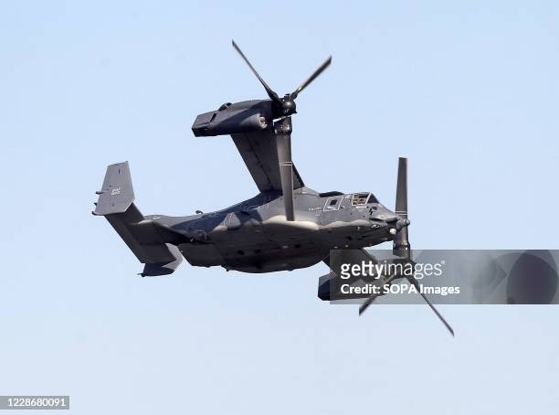 Osprey tilt-rotor military aircraft of the U.S. Air Forces flies over Kiev during air drills. Ukrainian and U.S. Special operation military forces...