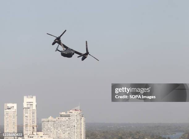 Osprey tilt-rotor military aircraft of the U.S. Air Forces flies over Kiev during air drills. Ukrainian and U.S. Special operation military forces...