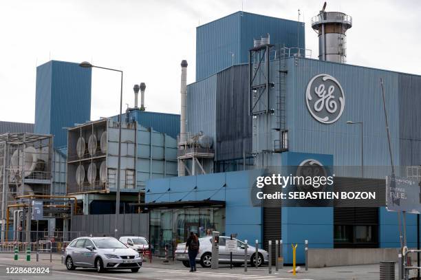 General Electric logo and buildings are pictured, in Belfort, eastern France, on September 24, 2020.