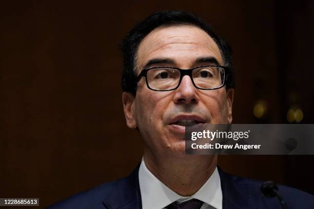 Treasury Secretary Steven Mnuchin testifies during a Senate Banking Committee hearing on Capitol Hill on September 24, 2020 in Washington, DC....