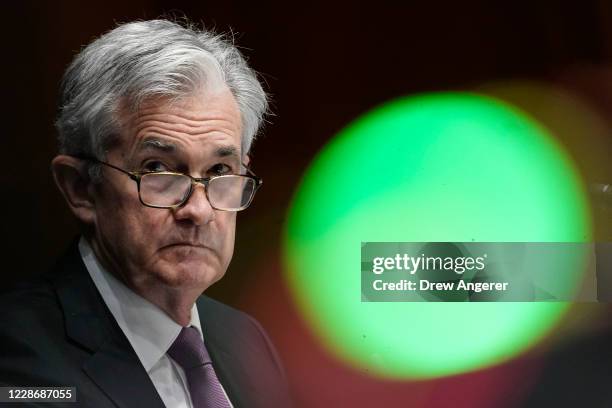 Federal Reserve Board Chairman Jerome Powell testifies during a Senate Banking Committee hearing on Capitol Hill on September 24, 2020 in Washington,...