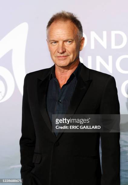 English singer Sting poses on the red carpet ahead of the 2020 Monte-Carlo Gala for Planetary Health in Monaco on September 24, 2020.