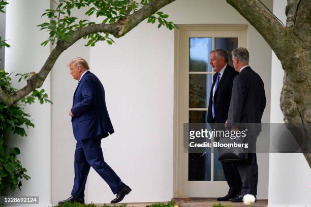 President Donald Trump, from left, Mark Meadows, White House chief of staff, and Robert OBrien, national security adviser, exit the Oval Office of...