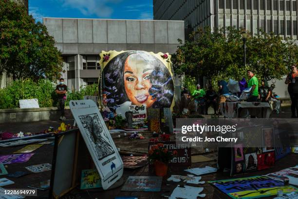 Protesters gather around the memorial shrine dedicated to Breonna Taylor in Jefferson Square Park on September 24, 2020 in Louisville, Kentucky....