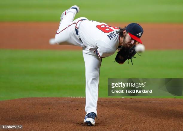 Ian Anderson of the Atlanta Braves delivers a pitch in the first inning of an MLB game against the Miami Marlins at Truist Park on September 24, 2020...