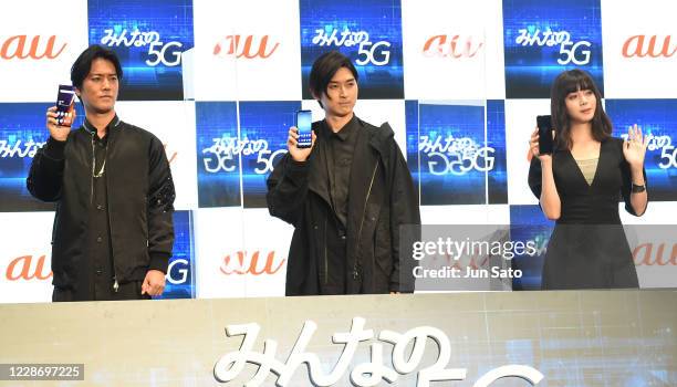 Actors Kenta Kiritani, Shota Matsuda and Elaiza Ikeda attend KDDI's AU 5G 'Unlimited World' event at the Prince Park Tower on September 25, 2020 in...