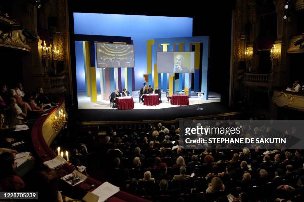 Artists and intellectuals from across the European Union talk on stage at the Comedie Francaise theater during the "Meetings for Europe and culture"...
