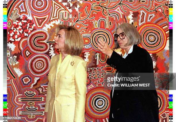 First Lady Hillary Rodham Clinton is shown Aboriginal artwork at the National Gallery of Australia by Director Betty Churcher in Canberra 20...