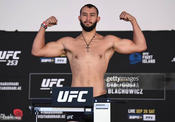 In this handout image provided by UFC, Dominick Reyes poses on the scale during the UFC 253 weigh-in on September 25, 2020 at Flash Forum on UFC...