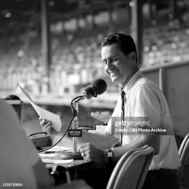 Jerry Coleman announcing from the Yankee Stadium Press Box for WCBS radio, New York. Image dated August 19, 1966.