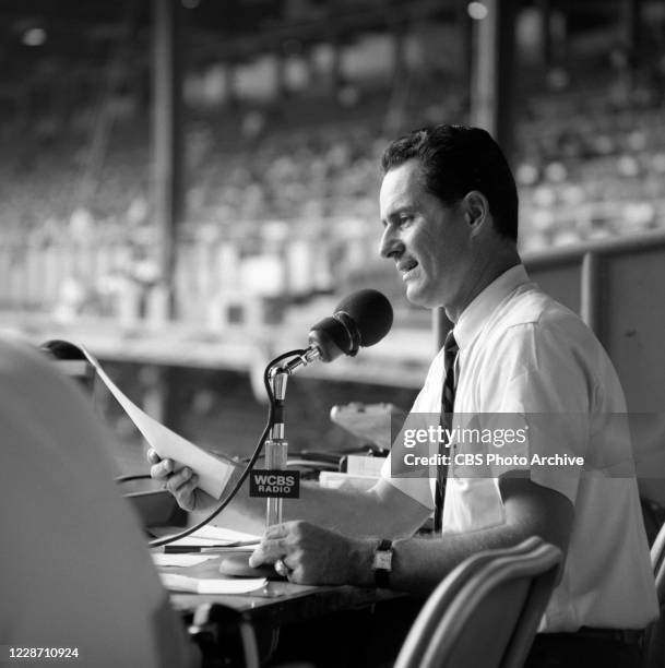 Jerry Coleman announcing from the Yankee Stadium Press Box for WCBS radio, New York. Image dated August 19, 1966.