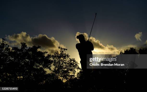 Antrim , United Kingdom - 25 September 2020; George Coetzee of South Africa watches his tee shot on the 12th tee box during day two of the Dubai Duty...